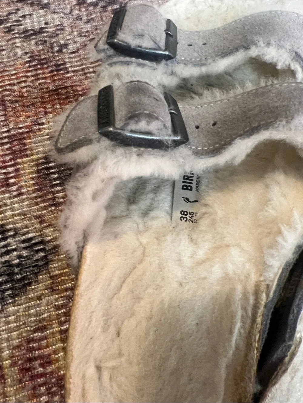Birkenstock Shearling-Trim Double Buckle Slide Sandals in Light Gray